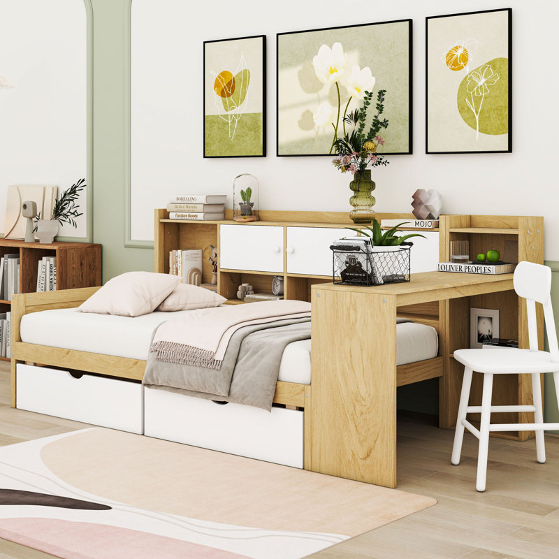 Wooden Daybed with Cabinets, Desk and Drawers, Natural White, Twin