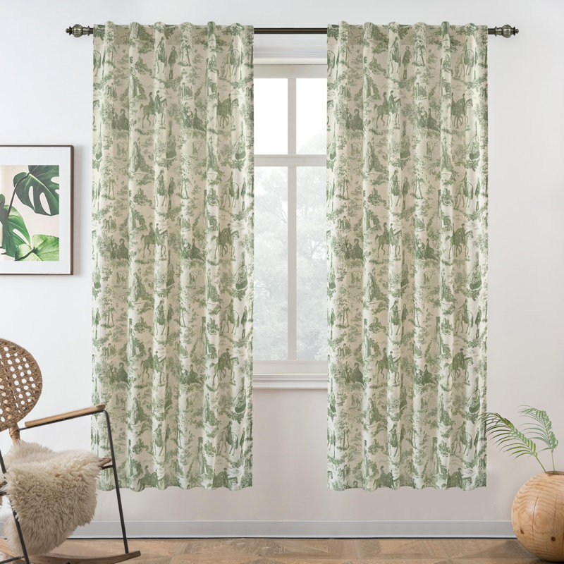 100% Blackout Toile Linen Curtains Farmhouse French Country Vintage Living Room Drapes  2 Panels, Loden Green, 52" W x 72" L