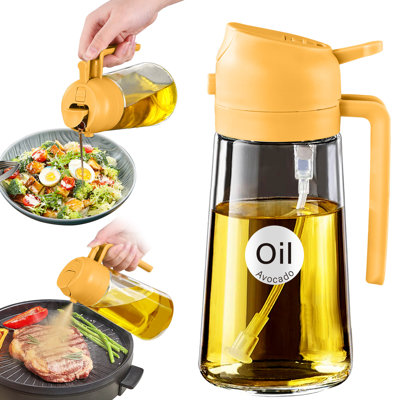 16oz/470ml Glass 2-in-1 Oil Sprayer & Dispenser with Stickers, BPA-Free, for Cooking, Salad, BBQ （Orange）