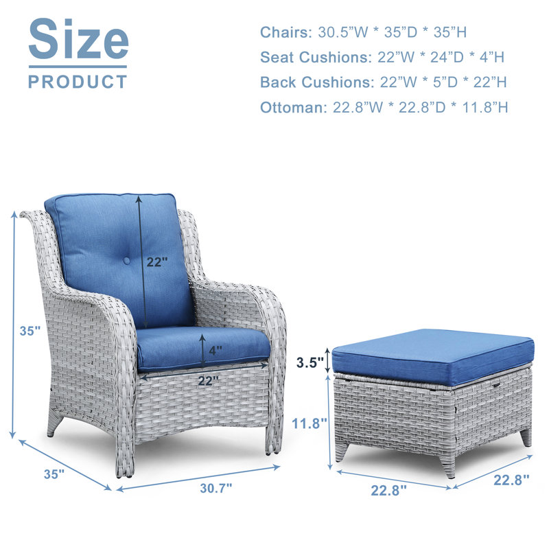 Chaises de patio en osier avec coussins Deb, Gris pale/ bleu marine
