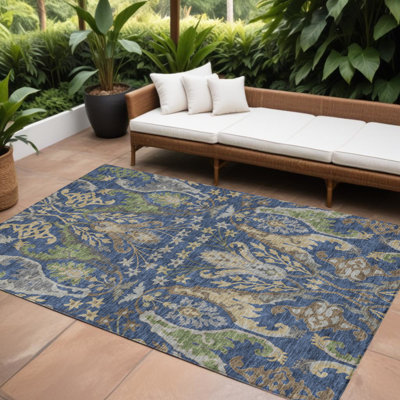 Tapis extérieur lavable floral 8 pi x 10 pi bleu marine, vert et brun