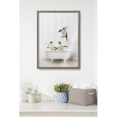 Penguins Bathroom by Amy Peterson Framed Glass Wall Art