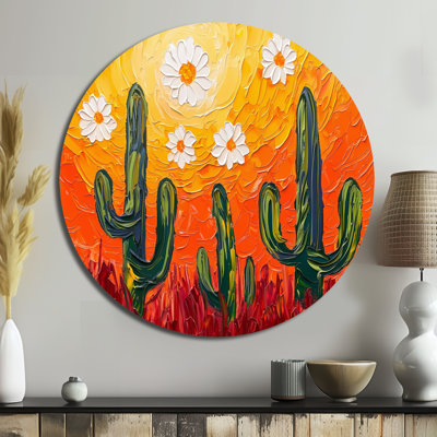 Cactus Joshua Tree Sunset - art mural rond éclectique moderne, art mural rond en métal vert
