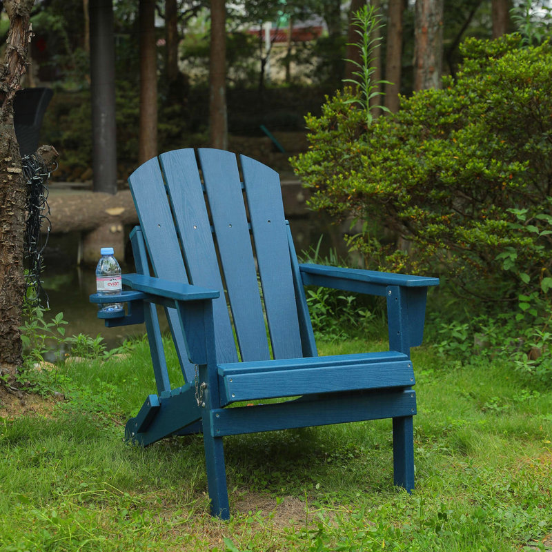 Folding HDPE Adirondack Chair with Cup Holder – Wood-Textured, All-Weather & Easy Storage for Patio, Navy Blue