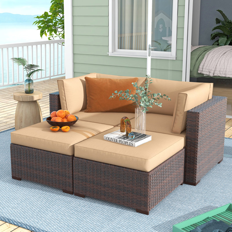 Alishea 4-Piece Rattan Outdoor Sofa with Cushions, Gray Frame/Navy Cushion