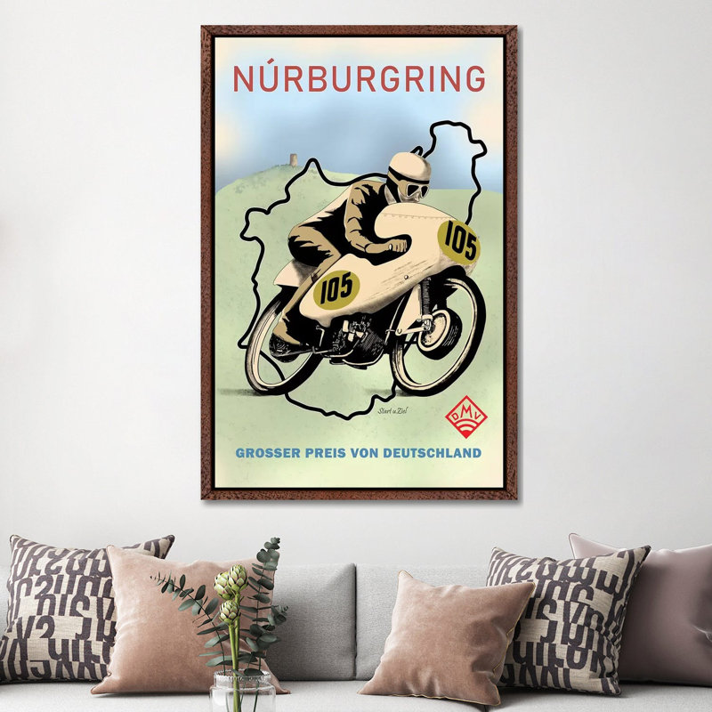 Nurburgring Motor Racing 1949 by Mark Rogan - Print on Canvas, 152.4cm H x 101.6cm W x 3.81cm D, Classic Brown Wood Framed