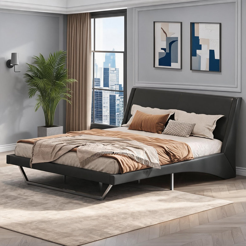 Lit plateforme tapissier très grand pour la chambre à coucher, cuir de polyuréthane noir de jais avec motif ondulé sans sommier tapissier