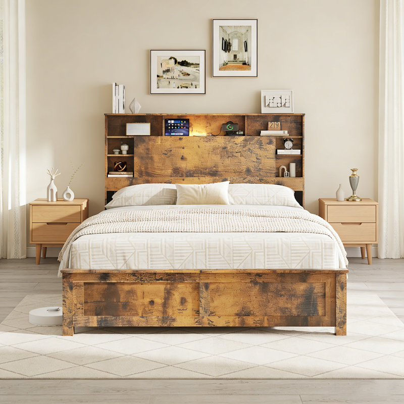 Wooden Platform Bed Frame With Storage Headboard, Charging Station, LED Lights & Bookcase (Dark Brown, No Box Spring)