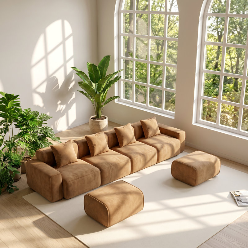 Streamlined 138.58" W x 59.84" D x 31.1" H 4-Seat Velvet French Piping Modular Sectional Sofa, Green Corduroy, Reversible