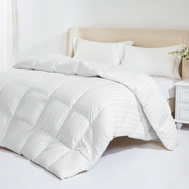 Édredon en duvet et plumes avec housse de couette de qualité, chaleur moyenne et pouvoir de bourrage élevé, housse rayée en mélange de coton avec 8 languettes d'angle