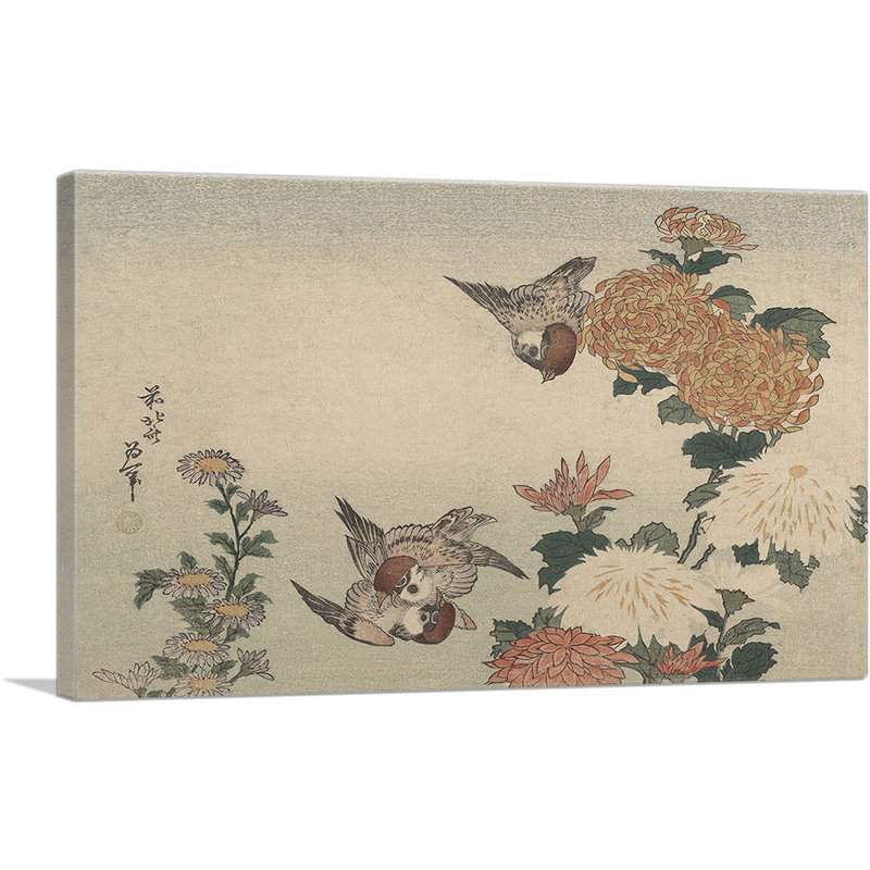 «Sparrows and Chrysanthemums 1825» par Katsushika Hokusai, reproduction d'art sur toile tendue, H 18 po x l 26 po x P 0,75 po