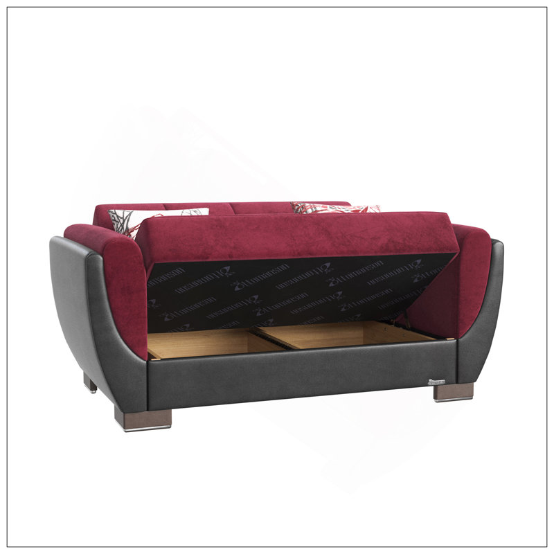 Causeuse convertible rembourrée avec rangement, microfibre polyuréthane bourgogne / noir, Bourgogne / tissu noir