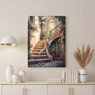 Art mural sur toile Gallery Wrap pour le salon, la chambre à coucher, le bureau ou le vestibule - Décoration murale décorative avec escalier de jardin