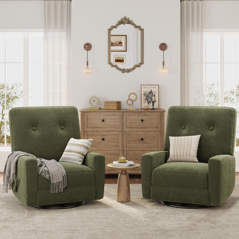 360° Swivel Rocker Recliner Glider Chair, Corduroy Nursery Chair for Small Spaces, Green, Green