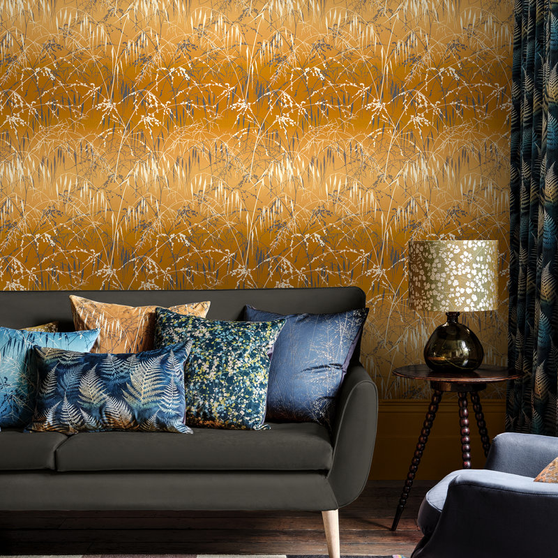 Floral Metallic Wallpaper Roll, Yellow Ochre/Soft Gold