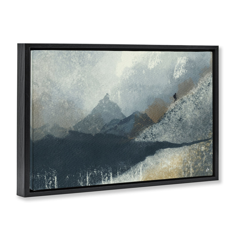 «Intrepid Traveller in Mountains» par Lydia Orange, Cadre flottant noir de jais, H 21 po x l 31 po