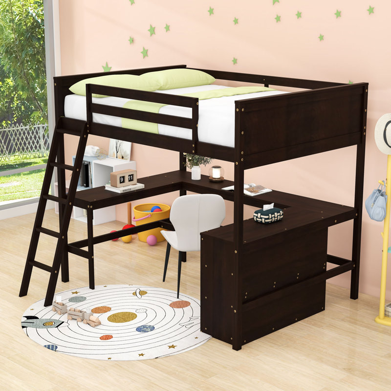 Lit mezzanine double avec tablettes et bureau, Espresso