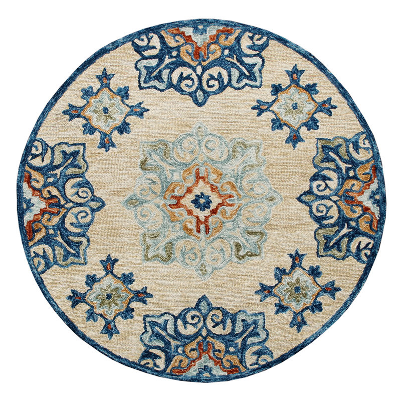 Rugsa Hand Tufted Wool Floral Indoor Rug, Round 4'10"
