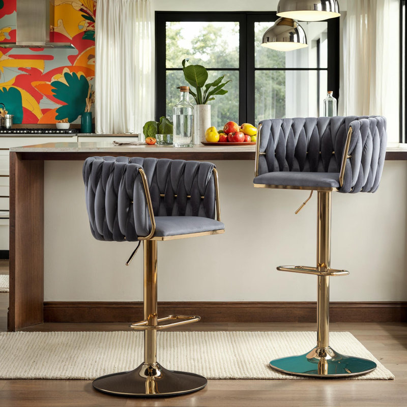 Set of 2 Velvet Upholstery Bar Stools – Chrome Footrest, Swivel, Height Adjustable Design for Kitchen or Bar, Gray