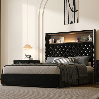 Full Size Velvet Tufted Soft Bed Frame with USB Port and Night Light, 52'' High Headboard with Rivet Decoration, Wing-back Platform Bed with Headboard Shelf