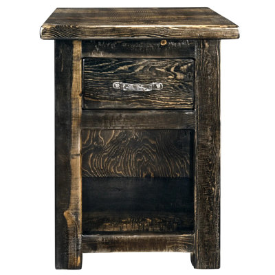 Table de chevet à un tiroir Bigstone de la collection Big Sky avec accents en fer forgé - teinture jacobine et finition laquée transparente - hauteur de 25 pouces