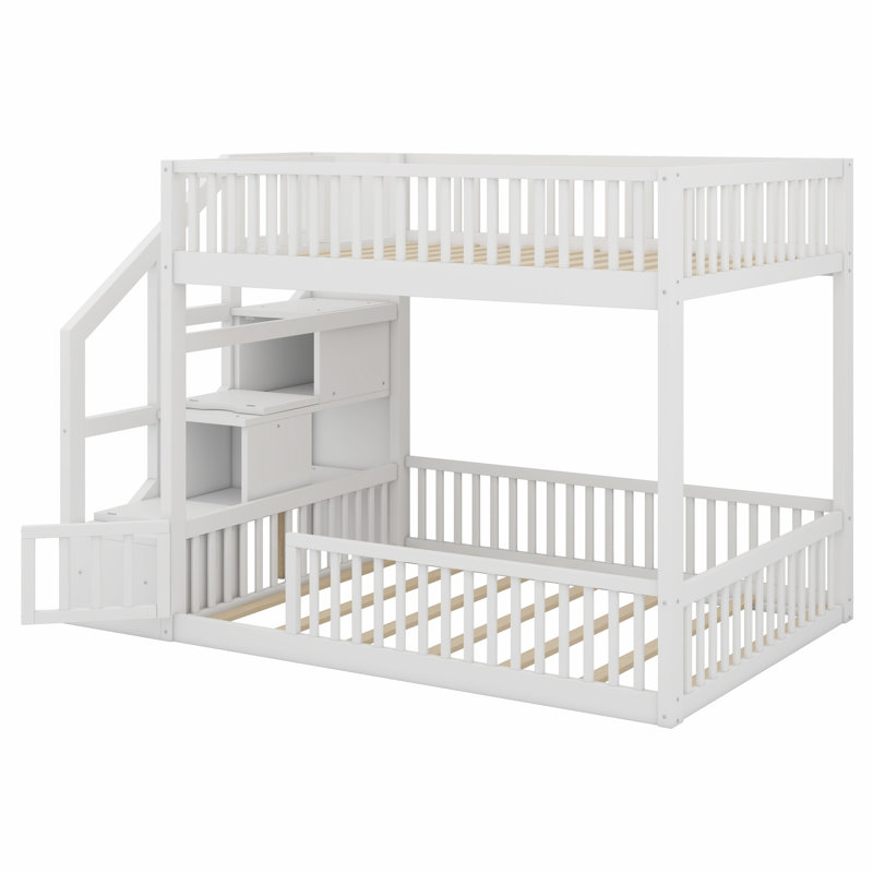 Lit superposé en bois avec escalier de rangement et garde-corps, Blanc