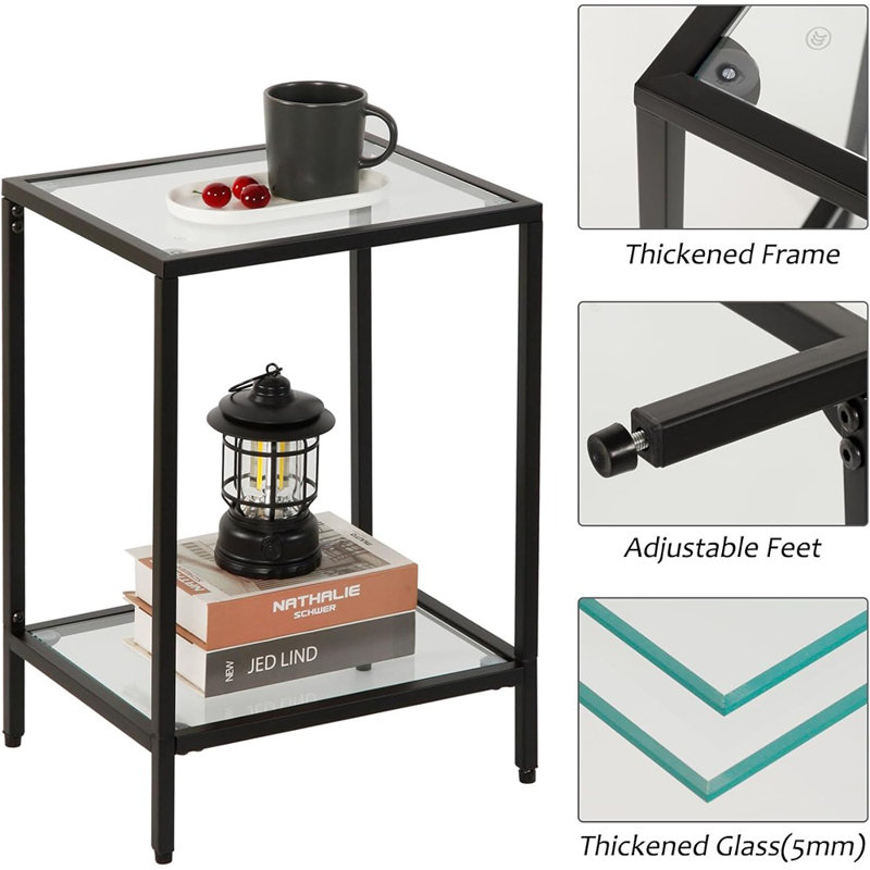 Table d'appoint moderne en verre trempé noir à 2 niveaux, 1