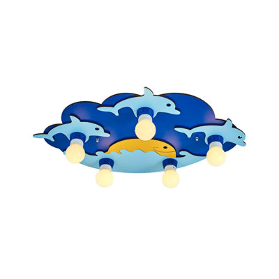 Modern Wooden Chandelier, 27.6 x 15.7 x 2.4 Inches, Blue Finish | 5 x E27 Sockets (Bulbs Not Included), Energy Saving Design | Ideal for Baby & Kid Rooms, Novelty Marine Theme, Stylish & Functional Lighting