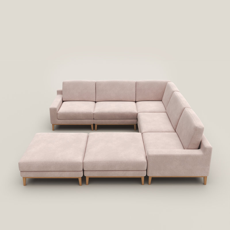 7-Piece Multi-Shape Upholstered Slipcovered Modular Sectional Sofa With Ottoman, Kaki