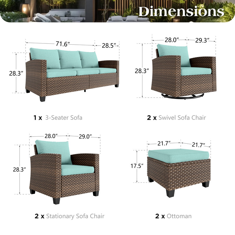 Ensemble de conversation d'extérieur en osier pour 9 personnes avec chaises pivotantes, Non, Bleu