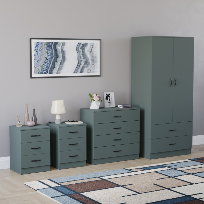 Tayce 4 Piece Bedroom Set (3 Drawer Bedside Chest X2, 4 Drawer Chest, 2 Door 2 Drawer Wardrobe), Green