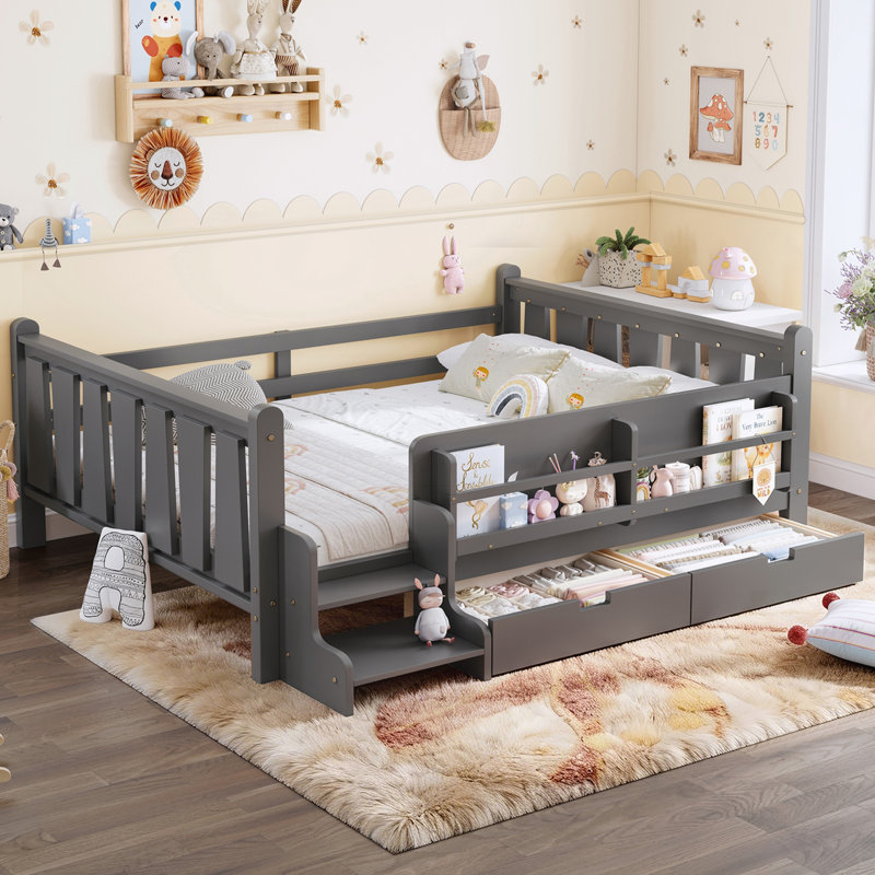 Twin Size Floor Bed with Storage Bookcases and Drawers, Full / Double, Gris