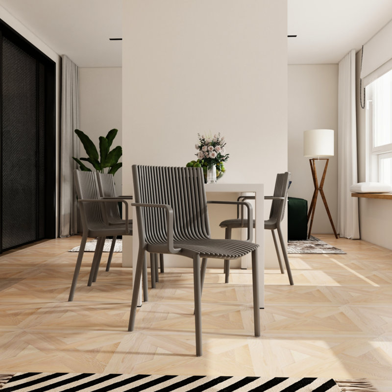 4 pièces de fauteuils empilables en PP gris chaud et table moderne blanche de 55 pouces - Durabilité toutes saisons, conception légère, attrait esthétique polyvalent 4, patins antidérapants, convenant à divers décors