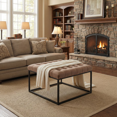 18" Square Button Tufted Metal Ottoman