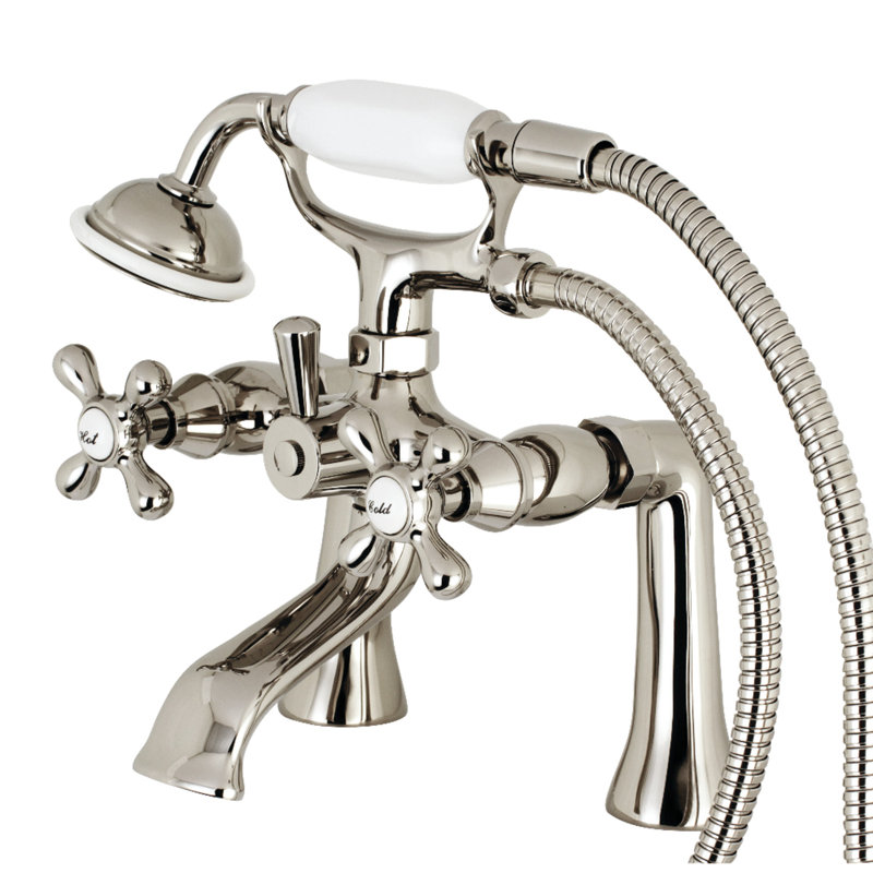Kingston Brass Kingston Three-Handle 2-Hole Deck Mount Clawfoot Tub Faucet with Hand Shower, Polished Nickel