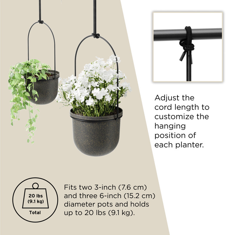 Triflora Hanging Planter, Adjustable Ropes with Rod, Set of 5, Black