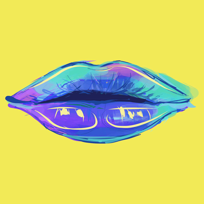 Lip Service Print, Blue/Yellow/Pink, Wrapped Canvas, 30" H x 30" W x 2" D