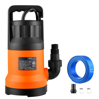 Pompe à eau submersible avec tuyau de 7,6 m (25 pi), 1,2 CV, débit de 18 930 l/h (5 000 gal/h), construction robuste en thermoplastique, idéale pour vider les piscines, les bassins de jardin, les spas, les sous-sols et étanche IPX8.