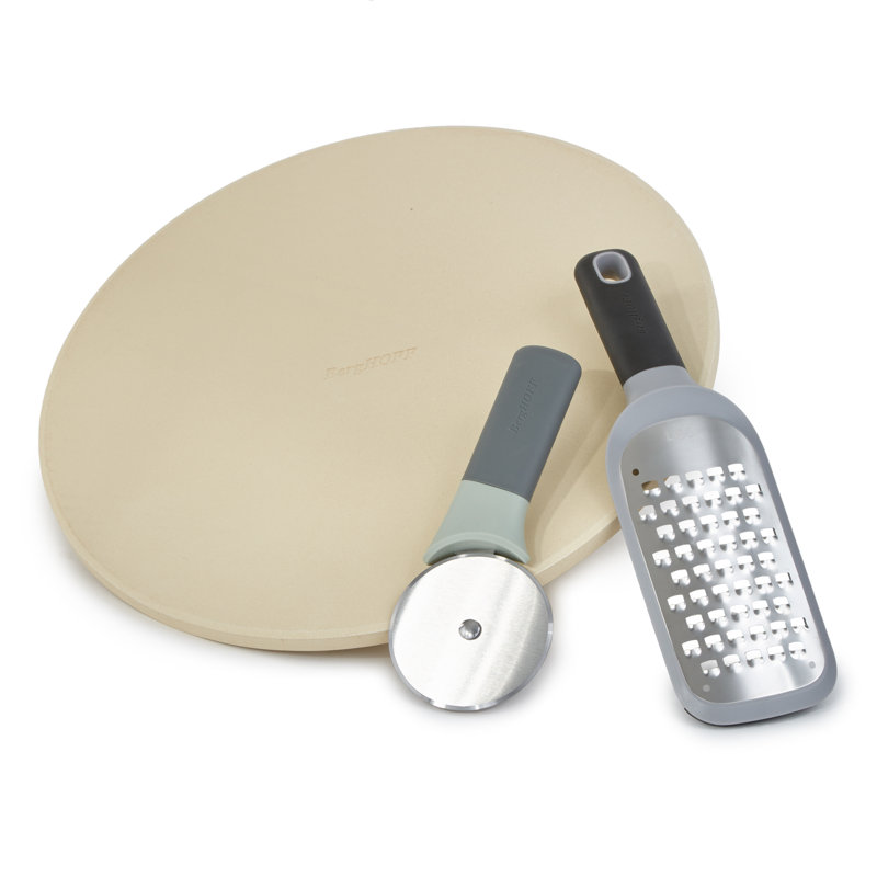 Large Beige Cordierite Pizza Set with Stainless Steel Cutter and Grater