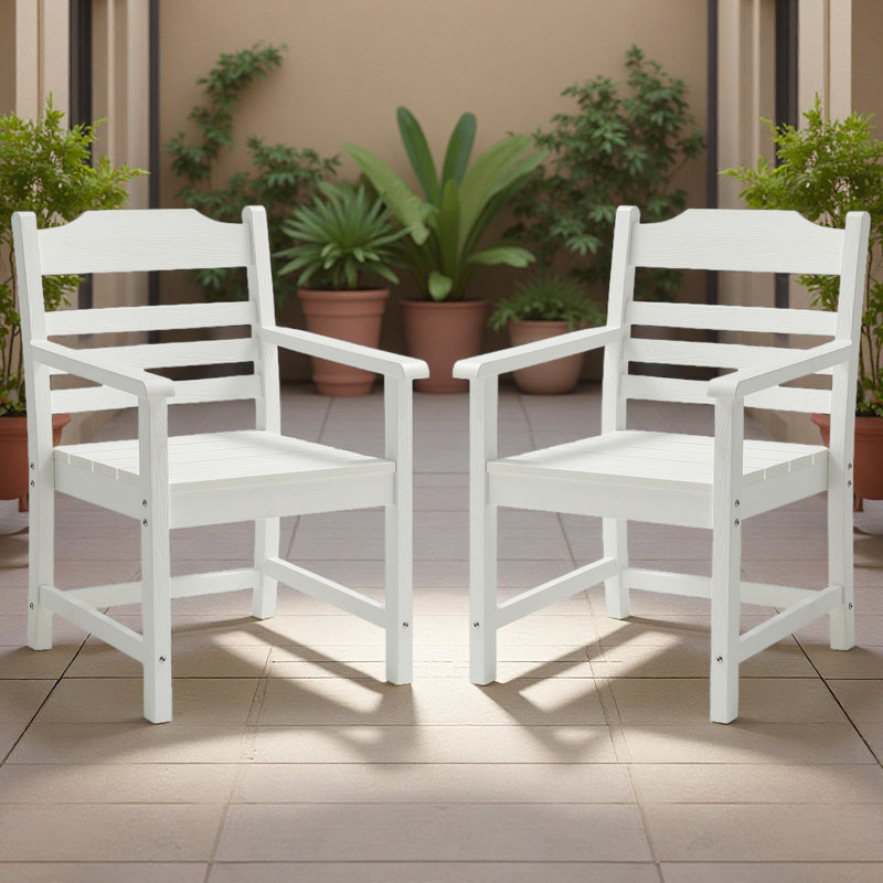 Set Of 2 White Outdoor Dining Chairs With Arms, HIPS Material Patio Chairs – All - Weather, Easy Clean, White