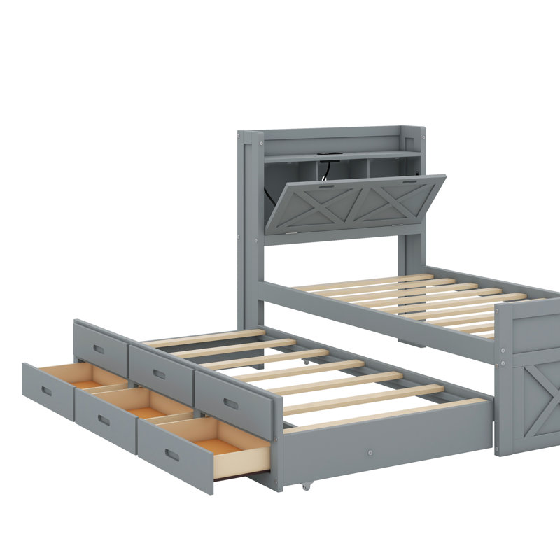 Lit simple en bois avec lit gigogne, Gris