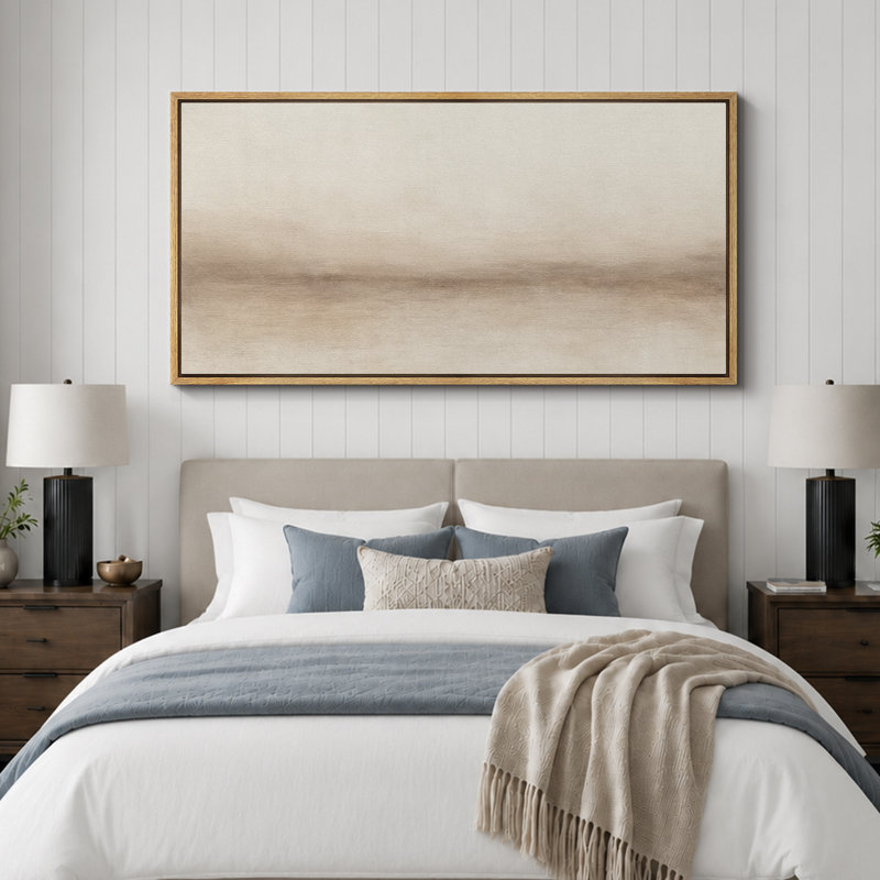 Large Framed Canvas Print Wall Art - Beige Abstract Landscape Print for Modern Neutral Home Decor, 30" H x 60" W, Natural