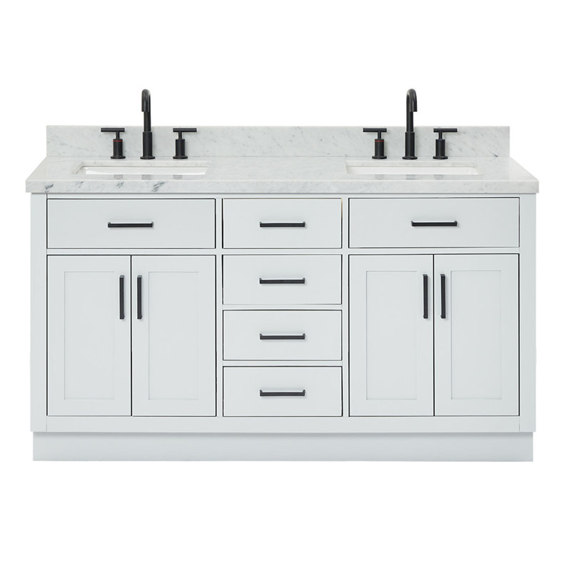 Meuble-lavabo double en bois massif Tidworth avec plateau en marbre de Carrare de 1,5 po, Gris / noir mat