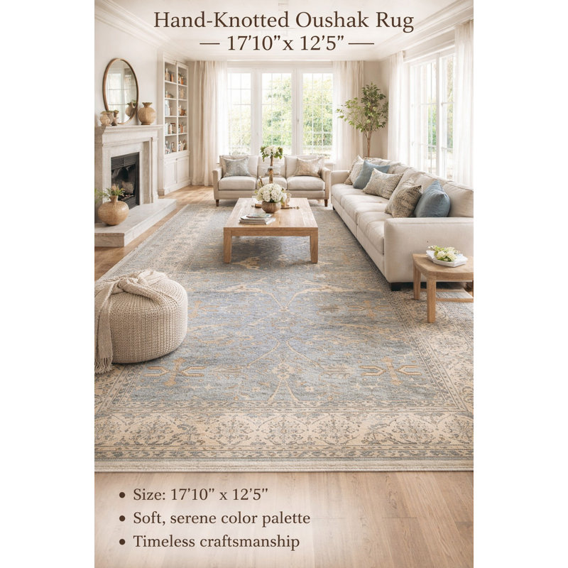 Tapis crème / bleu oriental en laine noué à la main 5 pi 1 po x 6 pi 8 po Oriental