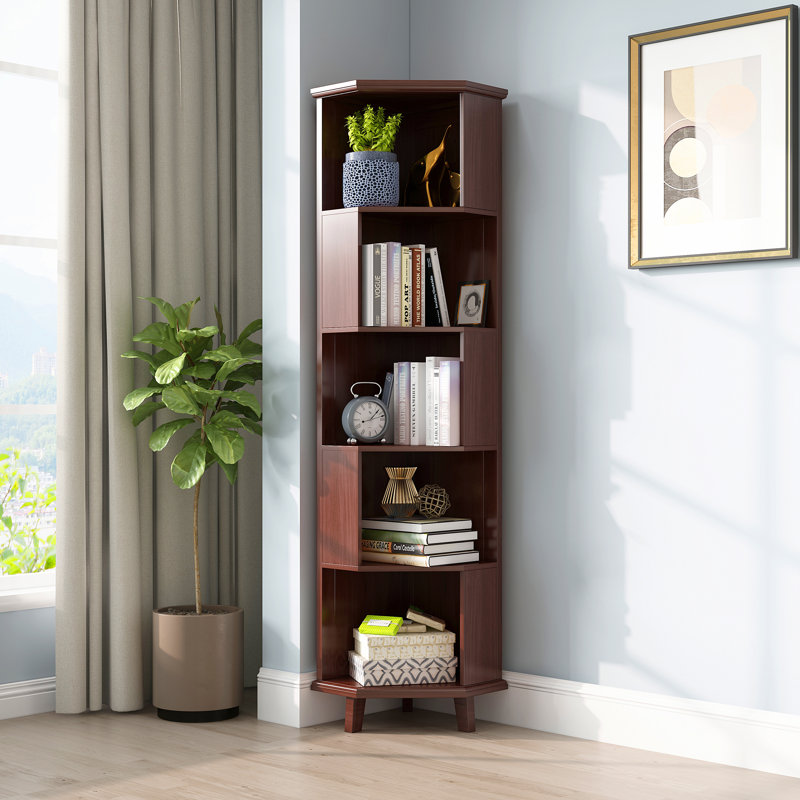 Solid Wood Corner Bookcase, Brown, (5 Shelves) 182.1cm H x 44.5cm W x 44.5cm D