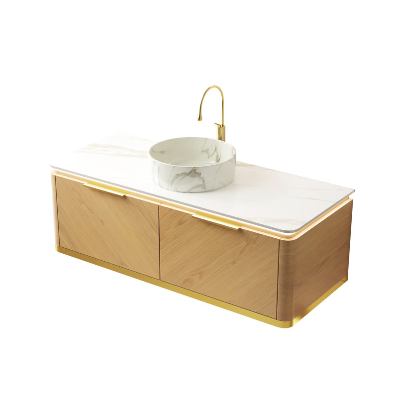 Meuble-lavabo de 48 po avec lavabo vasque en céramique blanche, surface en pierre frittée, 2 tiroirs, détection automatique, pré-assemblé. Le lavabo en pierre de 14 po et le fritté doré créent une apparence de marbre.