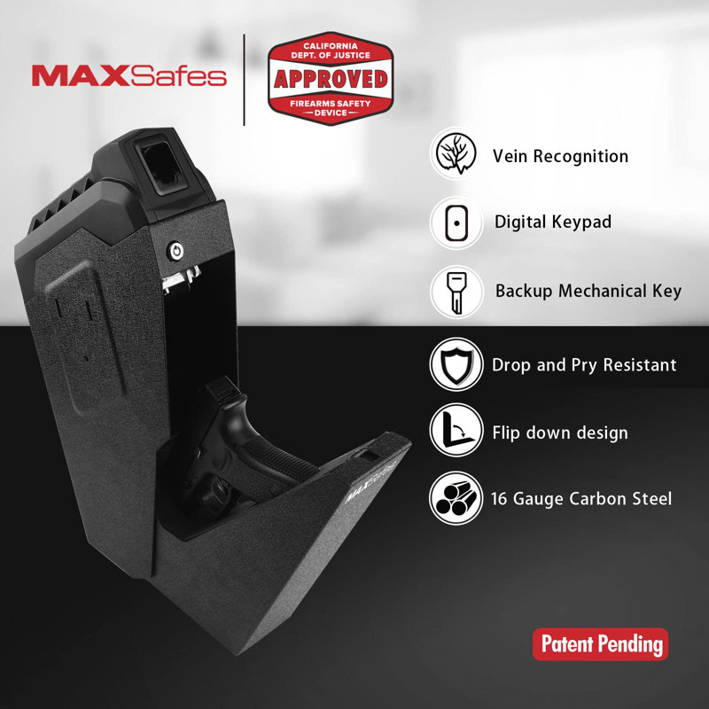 Drop Down Vault With Super Biometric Finger Vein Recognition Lock, Fast Auto-open Handgun Box, Quick-access Pistol Safe Wall Mounting For Desk Table, Ca Doj Approved
