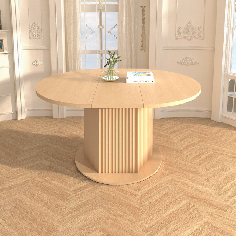Table de salle à manger extensible ronde brun clair pour 6 personnes avec base à texture hexagonale, plateau en bois aggloméré