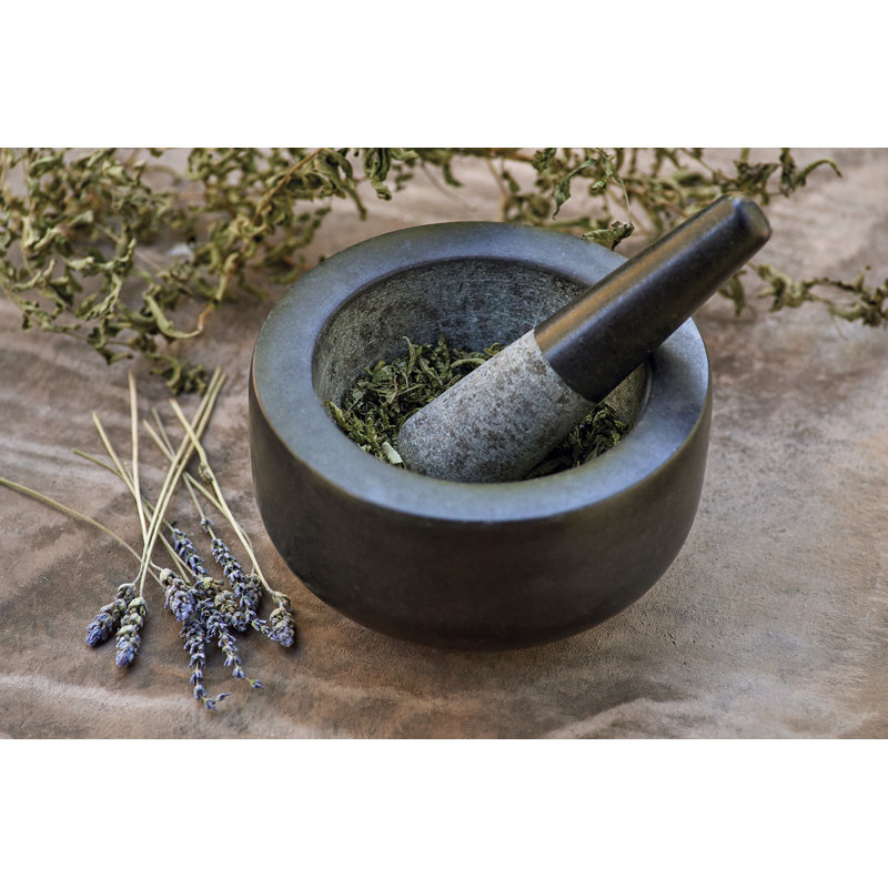 Black Granite Round Mortar and Pestle, 7 Inches