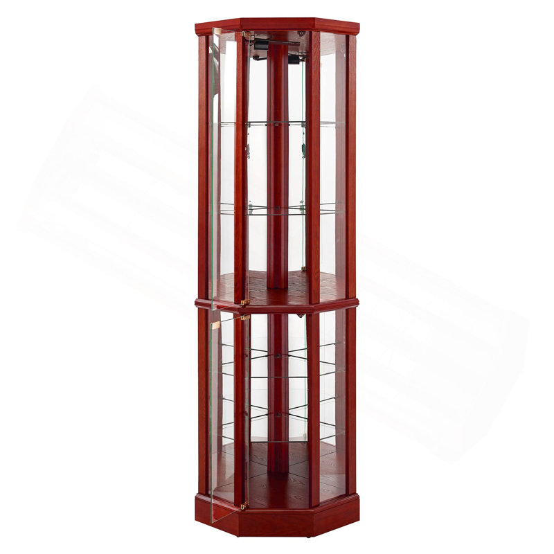 6 Shelf Lighted Corner Curio Cabinet With Adjustable Tempered Glass Shelves And Mirror Back, Cherry(E26 Light Bulb Not Included)